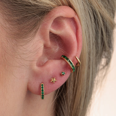 Gold Green Stone Single Flat Back Earring in Upper Ear Lobe