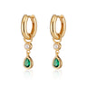 Emerald Green Teardrop and Pearl Charm Hoop Earrings in Gold