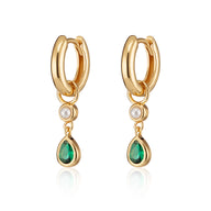 Emerald Green Teardrop and Pearl Charm Hoop Earrings in Gold