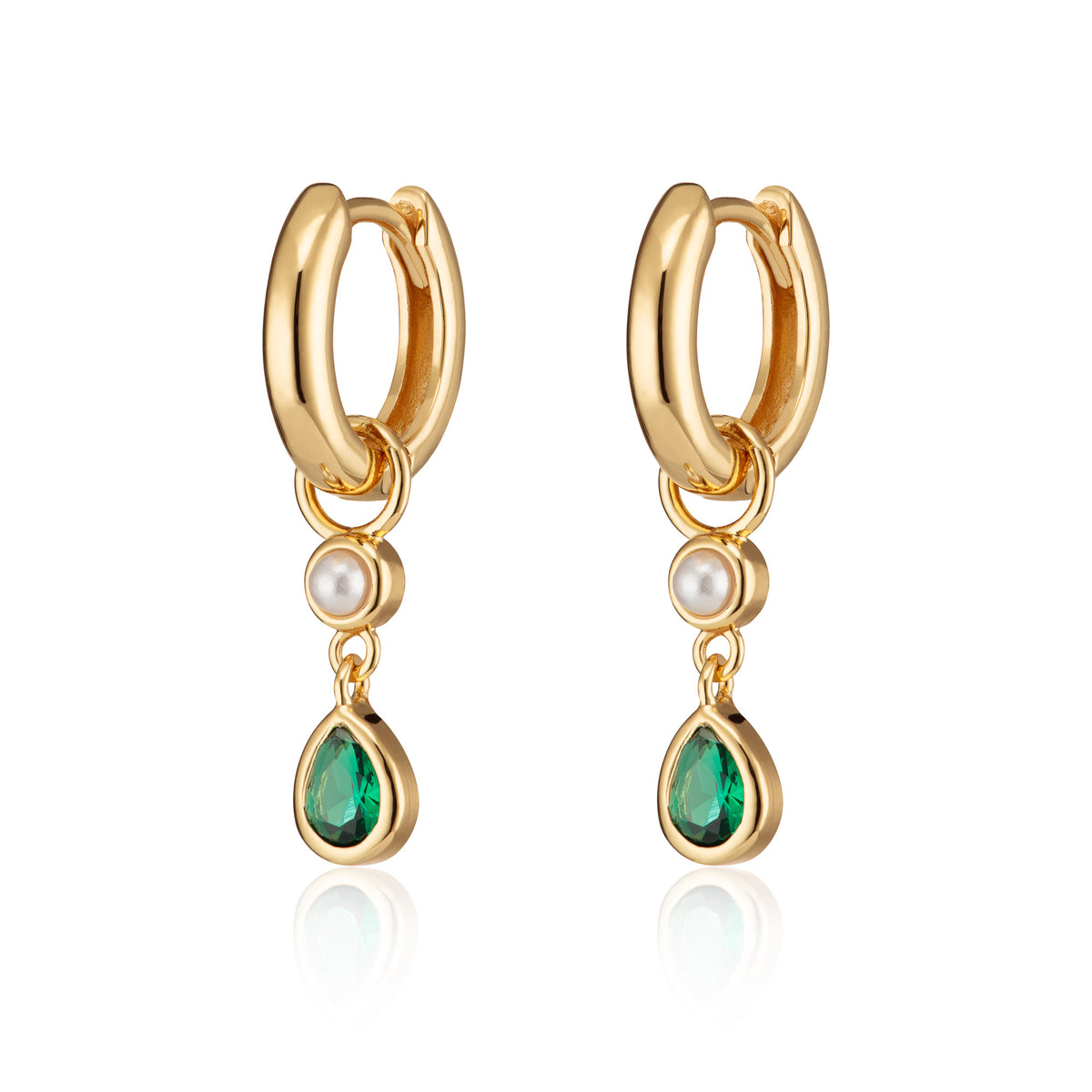 Emerald Green Teardrop & Pearl Charm Hoop Earrings