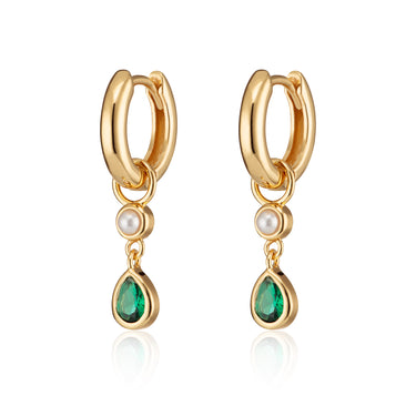 Emerald Green Teardrop and Pearl Charm Hoop Earrings in Gold