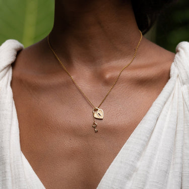 Gold Heart Shaped Padlock and Key Charm on Belcher Chain