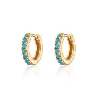 Gold Huggie Hoop Earrings with Turquoise Stones