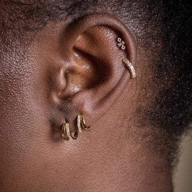 Gold Split Huggie Hoop Earrings | Double Hoop Huggie Earrings in Earlobe Piercing