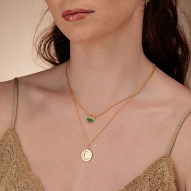 Gold Moon Phase Necklace with Emerald Green Art Deco Pendant