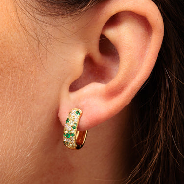 Gold Chunky Small Hoop Earrings with a mix of Clear and Green Stones