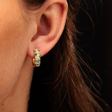 Gold Chunky Small Hoop Earrings with a mix of Clear and Green Stones
