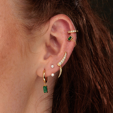 Gold Pearl Ear Climber Earrings with Claw Drop in Pearl & Emerald Green Ear Stack