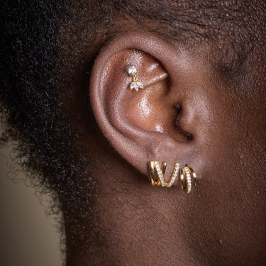 Gold Princess Flat Back Labret Stud Earring Worn in the Cartilage Upper Ear Piercing