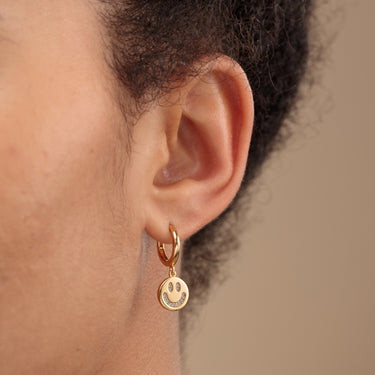 Gold Charm Hoop Earrings with Smiley Face Charm Studded with Clear CZ Stones