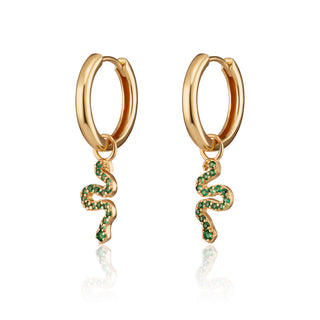 Gold Emerald Green Snake Charm Hoop Earrings