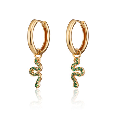 Gold Emerald Green Snake Charm Hoop Earrings