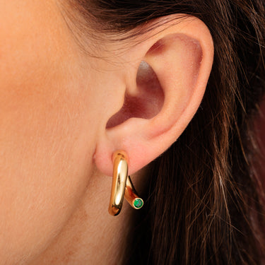 Gold Single Chunky Split Hoop Earring with Green Cubic Zirconia Stones