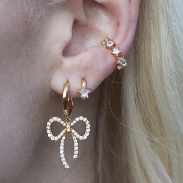 Sparkling Star Silver Huggie Earrings with Star Ear Cuff & Bow Charm Hoops