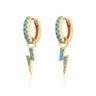 Pair of gold turquoise charm hoop earrings with turquoise nano stones