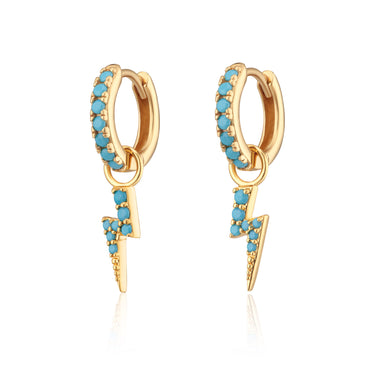 Pair of gold turquoise charm hoop earrings with turquoise nano stones