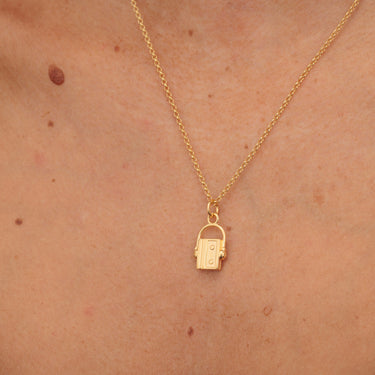 Gold Walkman Charm Necklace Front View on Model