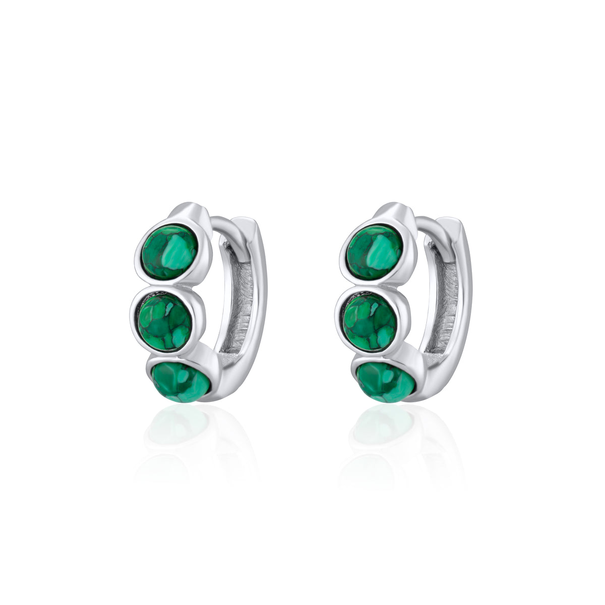 Silver Malachite Cabochon Huggie Hoop Earrings