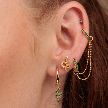 Emerald Green Snake Charm Hoop Earring in Ear Lobe with Huggies and Stud Earrings