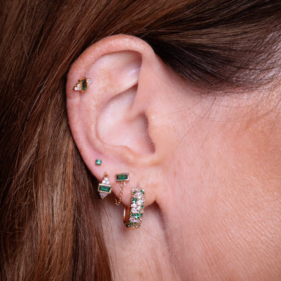 Gold and Green Stone Ear Stack with Mosaic Huggies, Chained Stud, Audrey Huggie and Flat Back