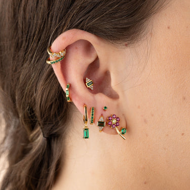 Gold Green Stone Single Flat Back Earring in Ear Stack