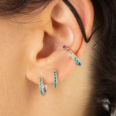 Silver Green Huggie Earrings for lobe and helix piercings
