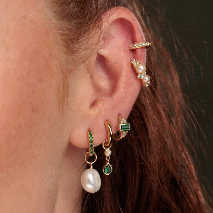 Gold Emerald Green & Pearl Charm Hoop Earring in Ear Lobe with Charm Hoops and Huggie Earrings