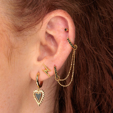Black and Gold Ear Stack with Heart Charm Hoops, Chained Double Huggie Earrings, Flat Back and Lightning Bolt Studs