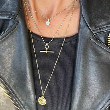 Gold Sparkling Square Solitaire Choker Necklace Layered with T-Bar and Moon Necklace