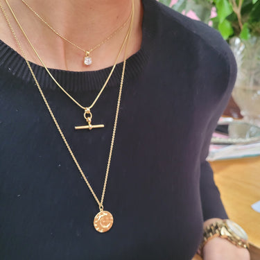 Gold T-Bar Necklace with Snake Chain Layered with Solitaire Choker and Moon Phase Necklace