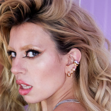 Woman Wearing Silver Teardrop Stud Earrings | Chunky Teardrop Studs