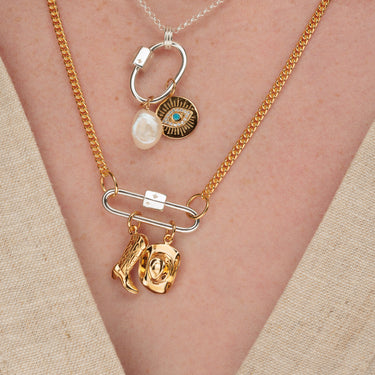 Silver & Gold Long Link Carabiner Charm Collector Necklace with Cowboy Boot and Hat Charms