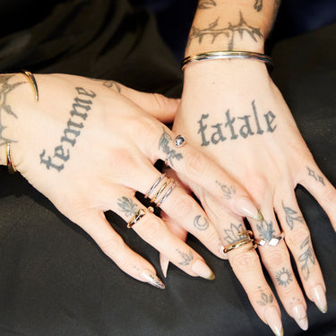 Woman Wearing Mixed Metal Triple Band Ring | Three Band Silver and Gold Ring