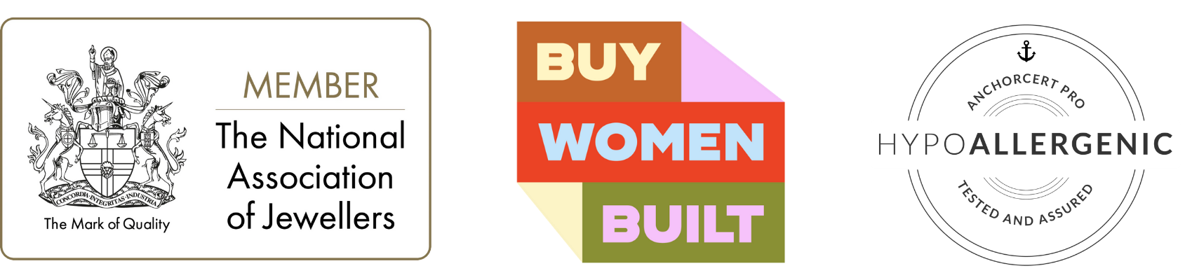 National Jewellers Logo, Buy Women Built Logo and Anchor Cert Hypoallergenic Logo