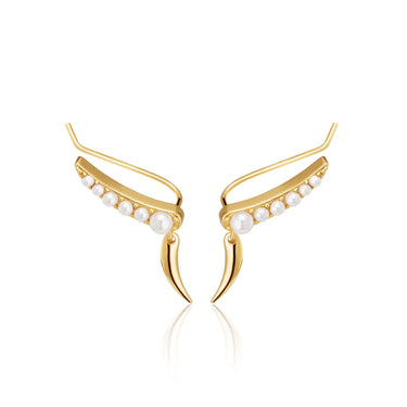 Gold Pearl Ear Climber Earrings with Claw Drop