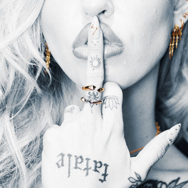 Woman Wearing Gold Rebel Open Ring | Gold Geometric Ring with Clear Stones