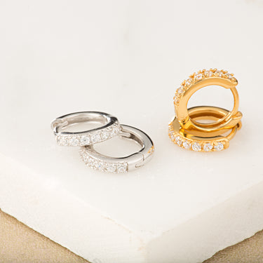 Silver and Gold Huggie Hoop Earrings with Clear Stones