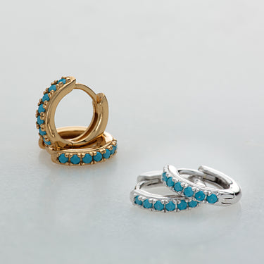 Silver & Gold Huggie Hoop Earrings with Turquoise Stones