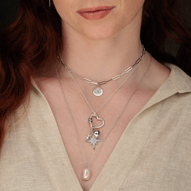 Silver Baroque Peal Necklace with Silver Charm Collector Necklace and Box Link Chain