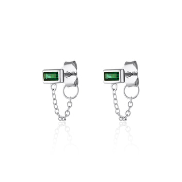 Pair of Silver Chained Baguette Stud Earrings with Green Stone