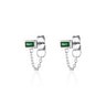 Pair of Silver Chained Baguette Stud Earrings with Green Stone