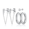 Silver Chunky Pearl Earring Stacking Set with Chained Pearl Studs a Flat Back & Classic Hoops