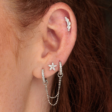 Silver Clear Stone Huggie Hoop Earrings with Double Chain Connector and Flat Back Studs