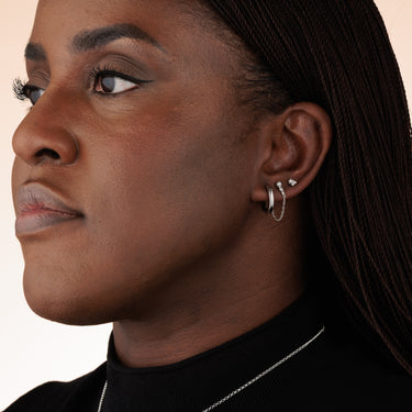 Pearl Chained Stud and Flat Back Earring in Earlobe with Chunky Hoop