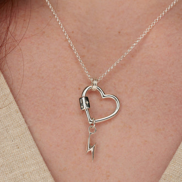 Silver Heart Carabiner Necklace with Lighting bolt charm