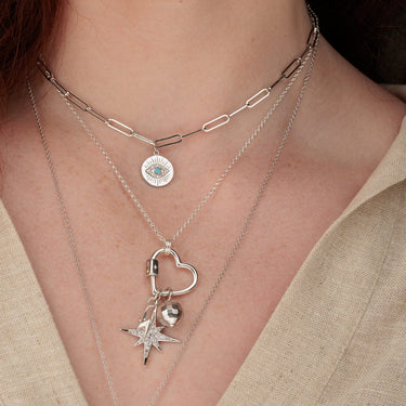 Silver Heart Carabiner Necklace with Silver Charms