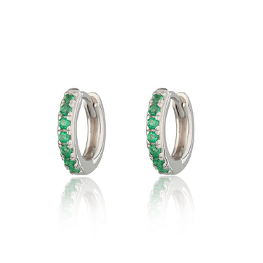Silver Huggie Earrings with Green CZ Stones