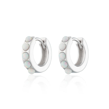 Silver Huggie Earrings with White Opal Stones