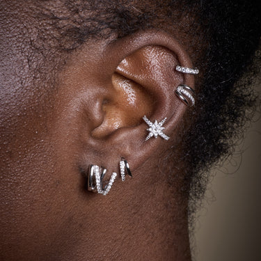 Silver Illusion split huggie earrings in second ear lobe piercing | Double Hoop Earrings