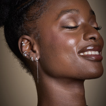 Silver Illusion Threader Earrings | Teardrop Threader Earrings in Ear Lobe Piercing